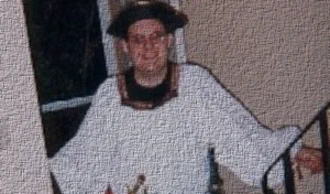 Young Caucasian man dressed as a strange pirate, Halloween 1998.\nImage has been 'clothified'\n